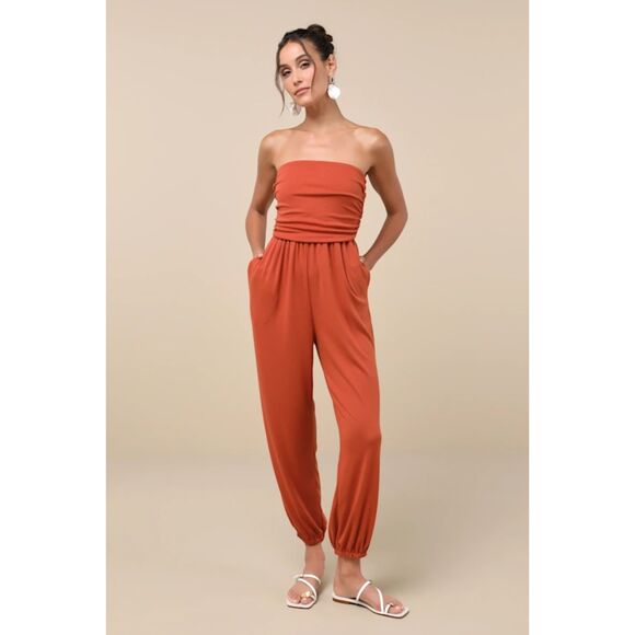 Comfort Burnt Orange Ruched Strapless Jogger Jumpsuit - Picture 2 of 4